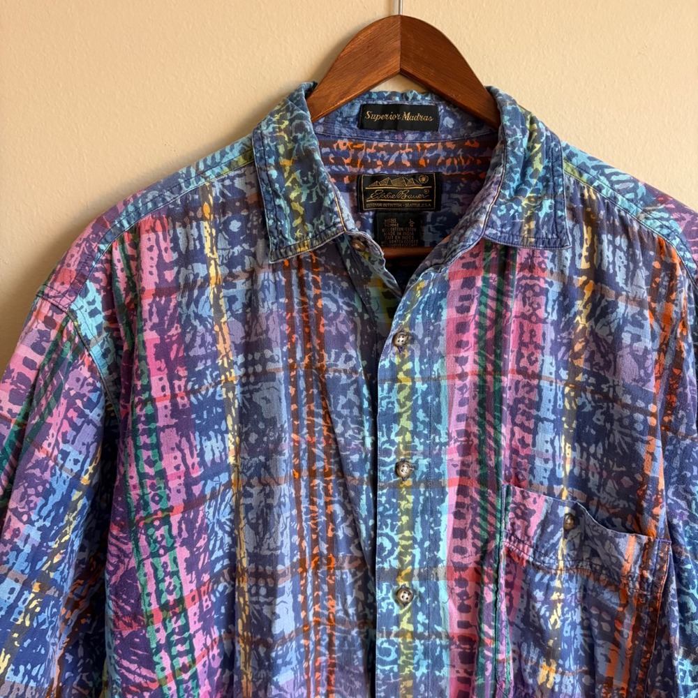 Vintage 90's Eddie Bauer Superior Madras Printed Camp Collar Button Up Shirt
